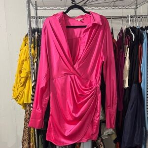 Luxxel Hot Pink Satin Wrap-Style Tunic Top